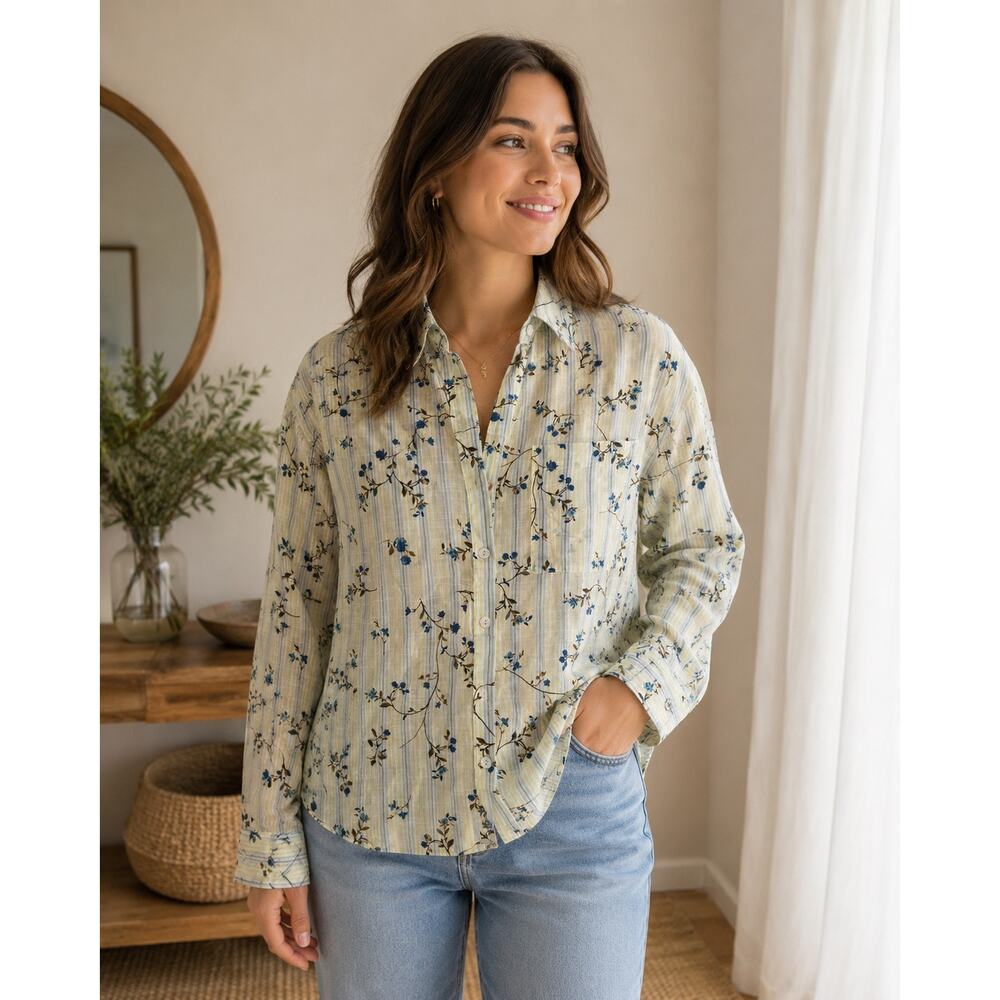 J.Jill Floral Cottagecore Button Down Blouse Green Stripe Blue Flowers Size S